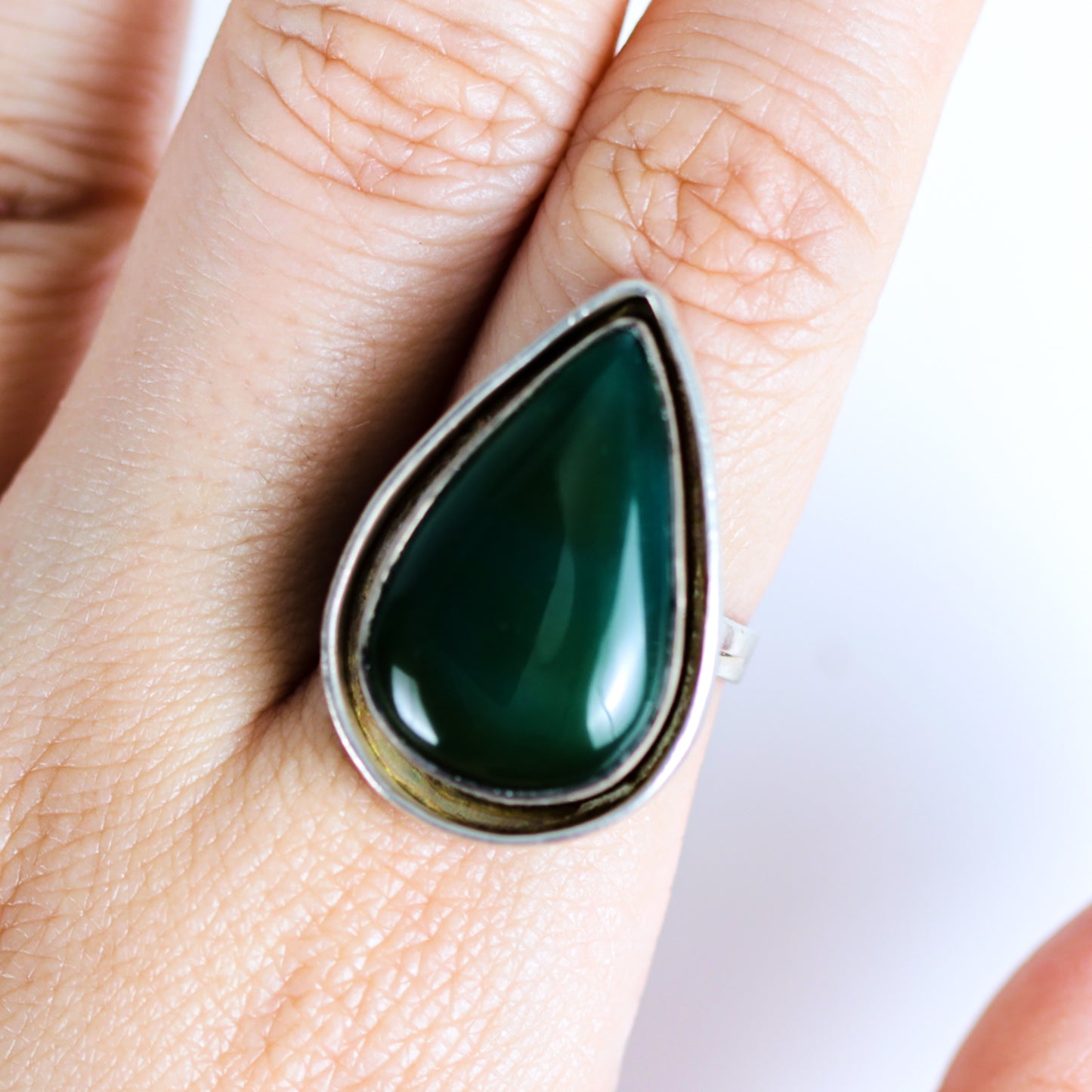 Vintage Drop Shaped Green Onyx Sterling Silver Ring