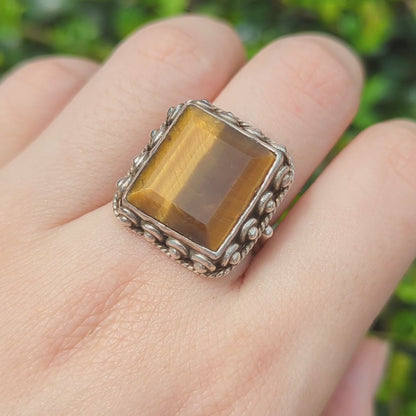 Vintage Square Tiger's Eye Sterling Silver Tribal Ring