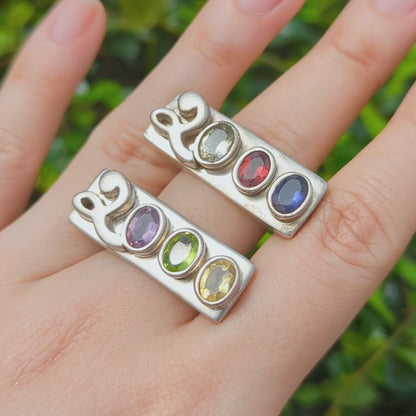 Vintage 2000 Y2K Gemstone Amethyst Peridot Citrine Sterling Silver Chunky Ring