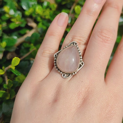 Vintage Teardrop Rose Quartz Sterling Silver Tribal Ring