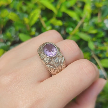 Vintage Oval Amethyst Sterling Silver Floral Pattern Statement Ring